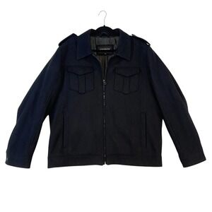 Guess Men's XL Black Wool Blend Military Field Jacket Utility Coat Warm Epaulets